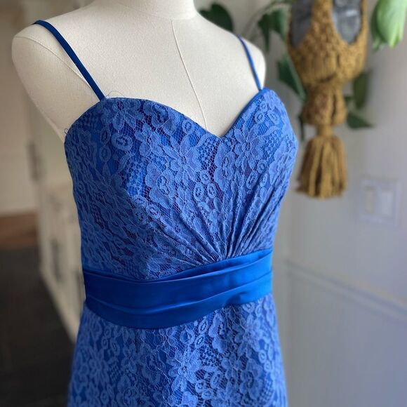 Christina Wu Cobalt Blue Lace Satin Mermaid Dress Tulip Hem Formal Prom 22 - Picture 2 of 7